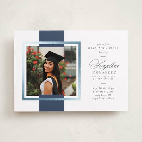 This is a navy graduation invitations with foil pressed by Owl and Toad called preppy frame printing on recycled smooth signature in standard