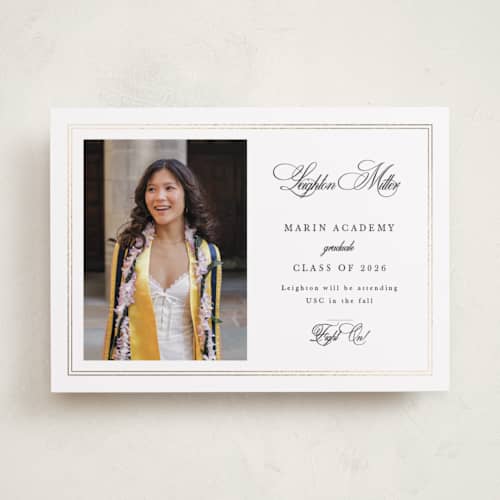 This is a pearl graduation announcements with foil pressed by Sarah Brown called traditionally printing on recycled smooth signature in standard