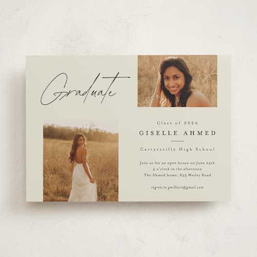 This is a bone graduation invitations with standard by Stacey Meacham called duo printing on recycled smooth signature in standard