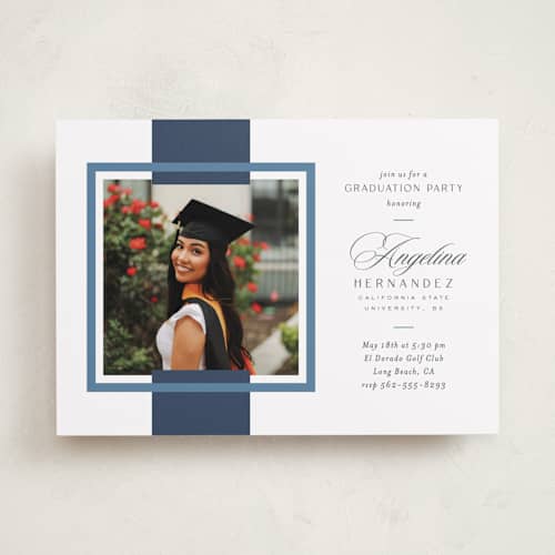 This is a navy graduation invitations with standard by Owl and Toad called preppy frame printing on recycled smooth signature in standard