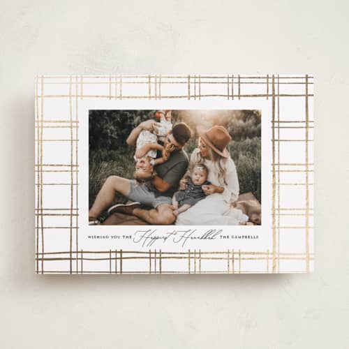This is a cloud hanukkah cards with foil pressed by Carolyn Nicks called modern plaid printing on recycled smooth signature in standard