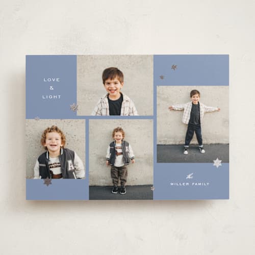 This is a celestial hanukkah cards with foil pressed by Kelly Watkins called stars printing on recycled smooth signature in standard