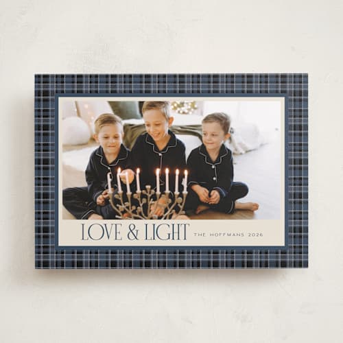 This is a navy hanukkah cards with standard by Jenna Holcomb called cozy in plaid printing on recycled smooth signature in standard