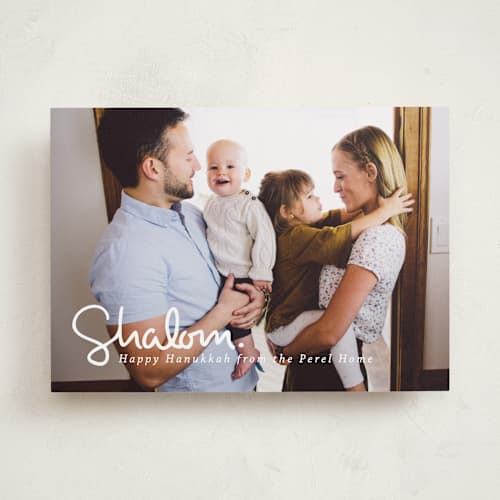 This is a snow hanukkah cards with standard by Akweley Creative called simply shalom printing on recycled smooth signature in standard