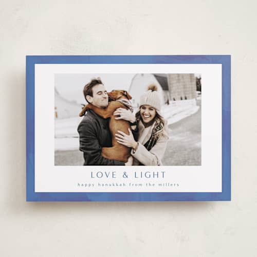 This is a dusty navy hanukkah cards with standard by AK Graphics called painted shalom printing on recycled smooth signature in standard