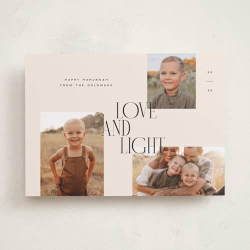 This is a cream hanukkah cards with standard by Ellen Schlegelmilch called trio printing on recycled smooth signature in standard