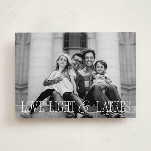 This is a starlight hanukkah cards with standard by Benita Crandall called love, light, latkes printing on recycled smooth signature in standard