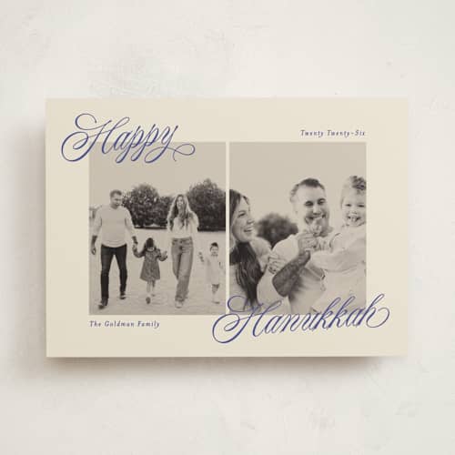 This is a cobalt hanukkah cards with standard by Ellen Schlegelmilch called hanukkah duo printing on recycled smooth signature in standard