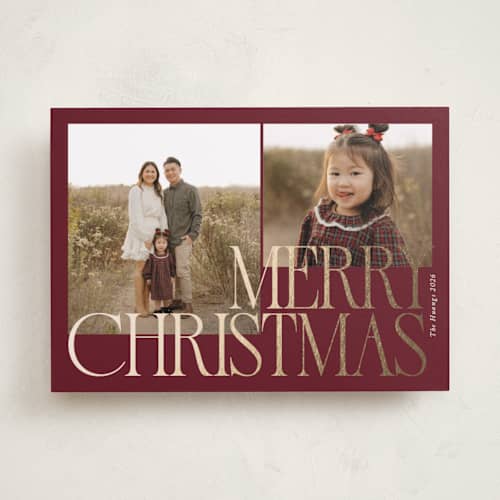 This is a plum foil pressed holiday cards with foil pressed by Brianne Larsen called bold christmas printing on recycled smooth signature in standard