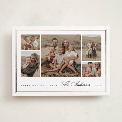 This is a snow foil pressed holiday cards with foil pressed by Kelly Schmidt called classic five printing on recycled smooth signature in standard