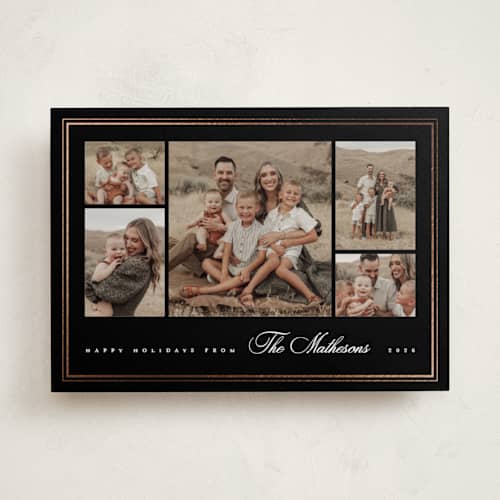This is a midnight foil pressed holiday cards with foil pressed by Kelly Schmidt called classic five printing on recycled smooth signature in standard