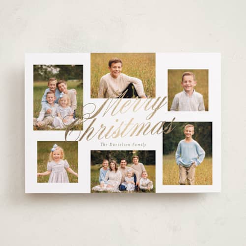 This is a snow foil pressed holiday cards with foil pressed by Rebecca Durflinger called scripted christmas gallery printing on recycled smooth signature in standard
