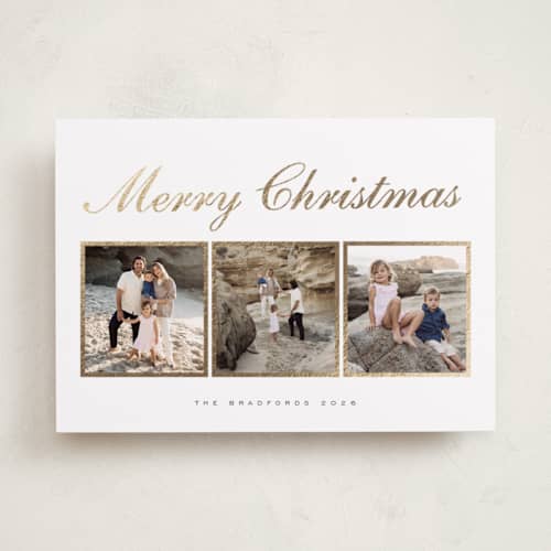 This is a snow foil pressed holiday cards with foil pressed by Nicole Walsh called classic trio printing on recycled smooth signature in standard