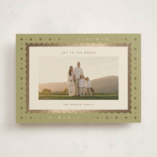 This is a olive foil pressed holiday cards with foil pressed by Ellen Schlegelmilch called star of bethlehem printing on recycled smooth signature in standard