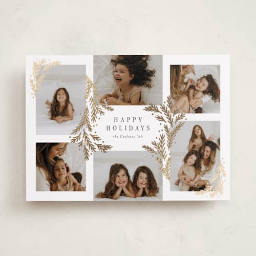 This is a snowball foil pressed holiday cards with foil pressed by Michelle Taylor called gilded greenery printing on recycled smooth signature in standard