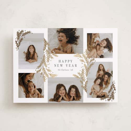 This is a snowball foil pressed holiday cards with foil pressed by Michelle Taylor called gilded greenery printing on recycled smooth signature in standard