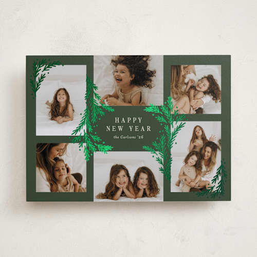 This is a forest foil pressed holiday cards with foil pressed by Michelle Taylor called gilded greenery printing on recycled smooth signature in standard