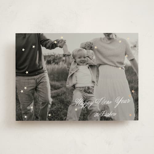 This is a snow foil pressed holiday cards with foil pressed by Morgan Kendall called starlight printing on recycled smooth signature in standard