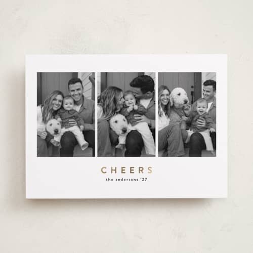 This is a snow foil pressed holiday cards with foil pressed by Lucrecia Caporale called simply three printing on recycled smooth signature in standard