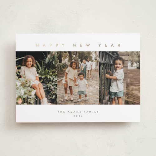 This is a snowfall foil pressed holiday cards with foil pressed by Pippa Shaw called trilogy printing on recycled smooth signature in standard