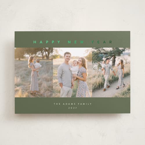 This is a pine needle foil pressed holiday cards with foil pressed by Pippa Shaw called trilogy printing on recycled smooth signature in standard
