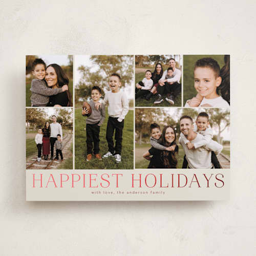 This is a cranberry foil pressed holiday cards with foil pressed by Kimberly Morgan called holiday photo grid printing on recycled smooth signature in standard