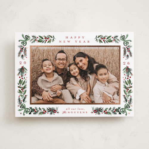 This is a forest foil pressed holiday cards with foil pressed by Makewells called sparkly bows printing on recycled smooth signature in standard