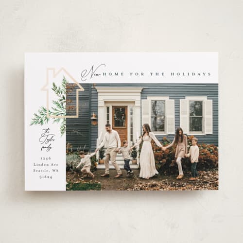 This is a pine foil pressed holiday cards with foil pressed by Alethea and Ruth called new home for the holidays printing on recycled smooth signature in standard