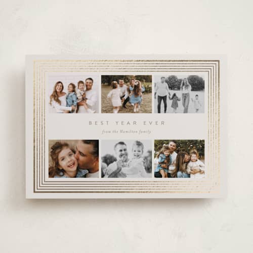 This is a vanilla foil pressed holiday cards with foil pressed by Deynaaz Daraei called basconcobe printing on recycled smooth signature in standard