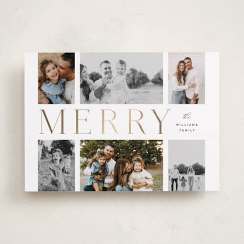 This is a snowfall foil pressed holiday cards with foil pressed by Design Lotus called gilded lettering printing on recycled smooth signature in standard