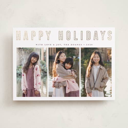 This is a snow foil pressed holiday cards with foil pressed by Juliana Zimmermann called triple happiness printing on recycled smooth signature in standard