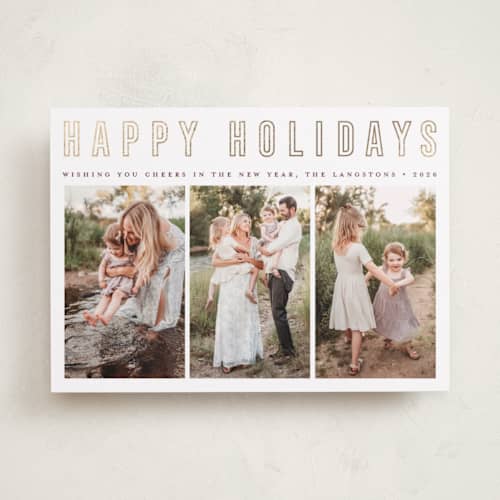 This is a snow foil pressed holiday cards with foil pressed by Juliana Zimmermann called triple happiness printing on recycled smooth signature in standard