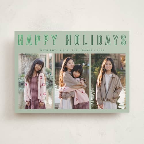 This is a elf shoes foil pressed holiday cards with foil pressed by Juliana Zimmermann called triple happiness printing on recycled smooth signature in standard
