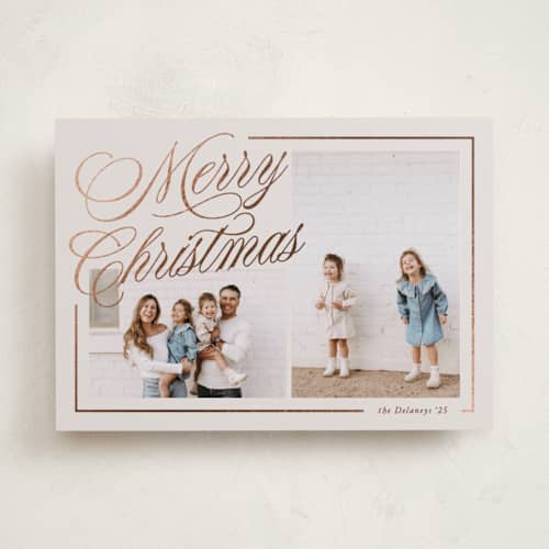 This is a eggnog foil pressed holiday cards with foil pressed by Brianne Larsen called elegantly lined printing on recycled smooth signature in standard