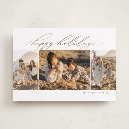 This is a snowflake foil pressed holiday cards with foil pressed by Jessica Williams called simple trio printing on recycled smooth signature in standard