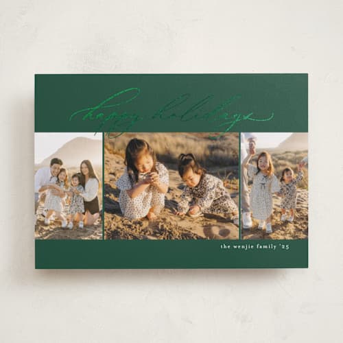 This is a balsam fir foil pressed holiday cards with foil pressed by Jessica Williams called simple trio printing on recycled smooth signature in standard