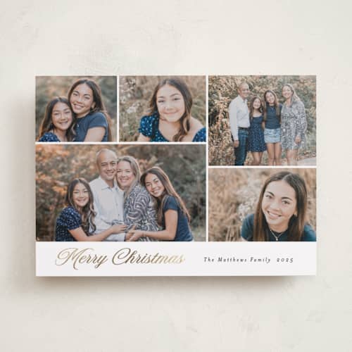 This is a snow foil pressed holiday cards with foil pressed by Rebecca Durflinger called merriment printing on recycled smooth signature in standard
