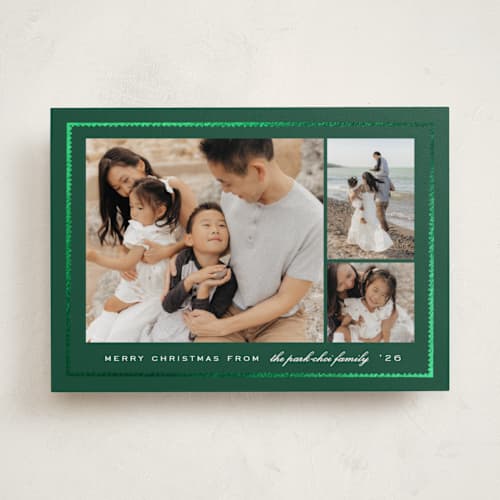 This is a pine foil pressed holiday cards with foil pressed by Amy Kross called sealed printing on recycled smooth signature in standard