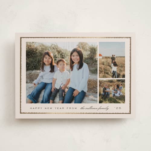 This is a eggnog foil pressed holiday cards with foil pressed by Amy Kross called sealed printing on recycled smooth signature in standard