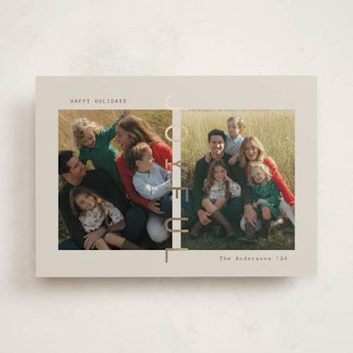 This is a linen foil pressed holiday cards with foil pressed by Ana Sharpe called joyful den printing on recycled smooth signature in standard