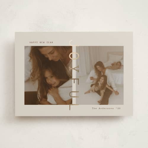 This is a linen foil pressed holiday cards with foil pressed by Ana Sharpe called joyful den printing on recycled smooth signature in standard