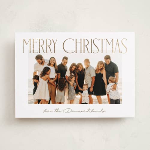 This is a starlight foil pressed holiday cards with foil pressed by Kacey Kendrick Wagner called christmas headline printing on recycled smooth signature in standard