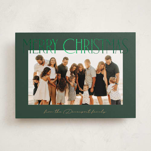 This is a evergreen foil pressed holiday cards with foil pressed by Kacey Kendrick Wagner called christmas headline printing on recycled smooth signature in standard