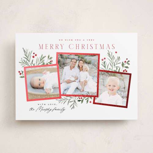 This is a peppermint foil pressed holiday cards with foil pressed by Everett Paper Goods called pine holly printing on recycled smooth signature in standard
