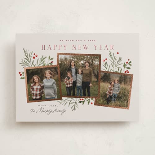 This is a sugar cookie foil pressed holiday cards with foil pressed by Everett Paper Goods called pine holly printing on recycled smooth signature in standard