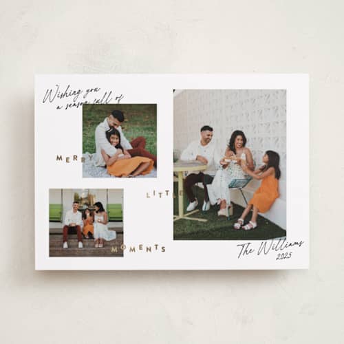 This is a snow foil pressed holiday cards with foil pressed by Robert and Stella called merry little moments printing on recycled smooth signature in standard