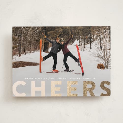 This is a snowflake foil pressed holiday cards with foil pressed by Sara Hicks Malone called c h e e r s ! printing on recycled smooth signature in standard