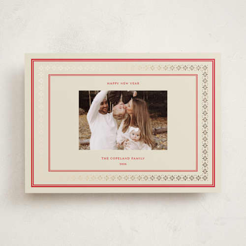 This is a crimson foil pressed holiday cards with foil pressed by Jen Ramsey called christmas sweater border printing on recycled smooth signature in standard