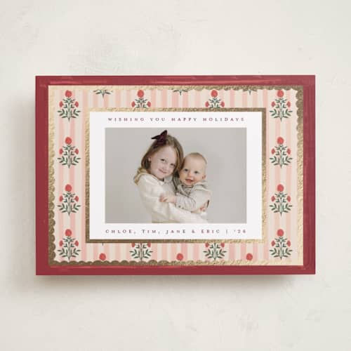 This is a berry foil pressed holiday cards with foil pressed by Teju Reval called block print frame printing on recycled smooth signature in standard