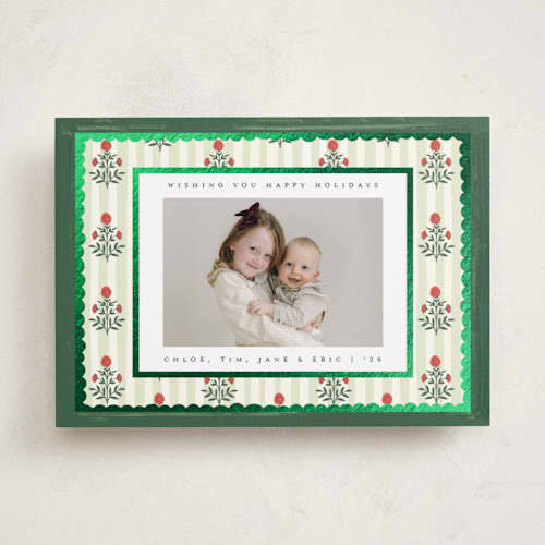 This is a juniper foil pressed holiday cards with foil pressed by Teju Reval called block print frame printing on recycled smooth signature in standard